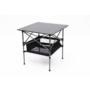 27.56 in. Black Aluminum Lightweight Roll-Up Square Folding Outdoor Picnic Table with Carrying Bag