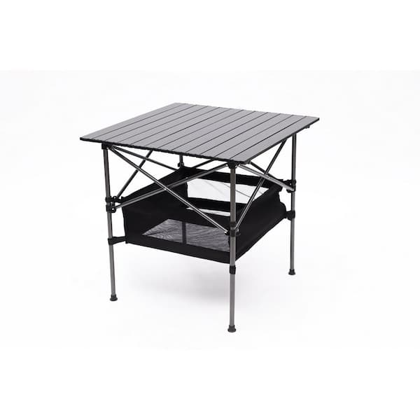 Amucolo 27.56 in. Black Aluminum Lightweight Roll-Up Square Folding Outdoor Picnic Table with Carrying Bag