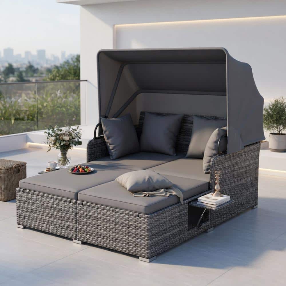 Mix Gray PE Wicker Daybed, Retractable Canopy, Foldable Trays & Removable Cushions for Poolside