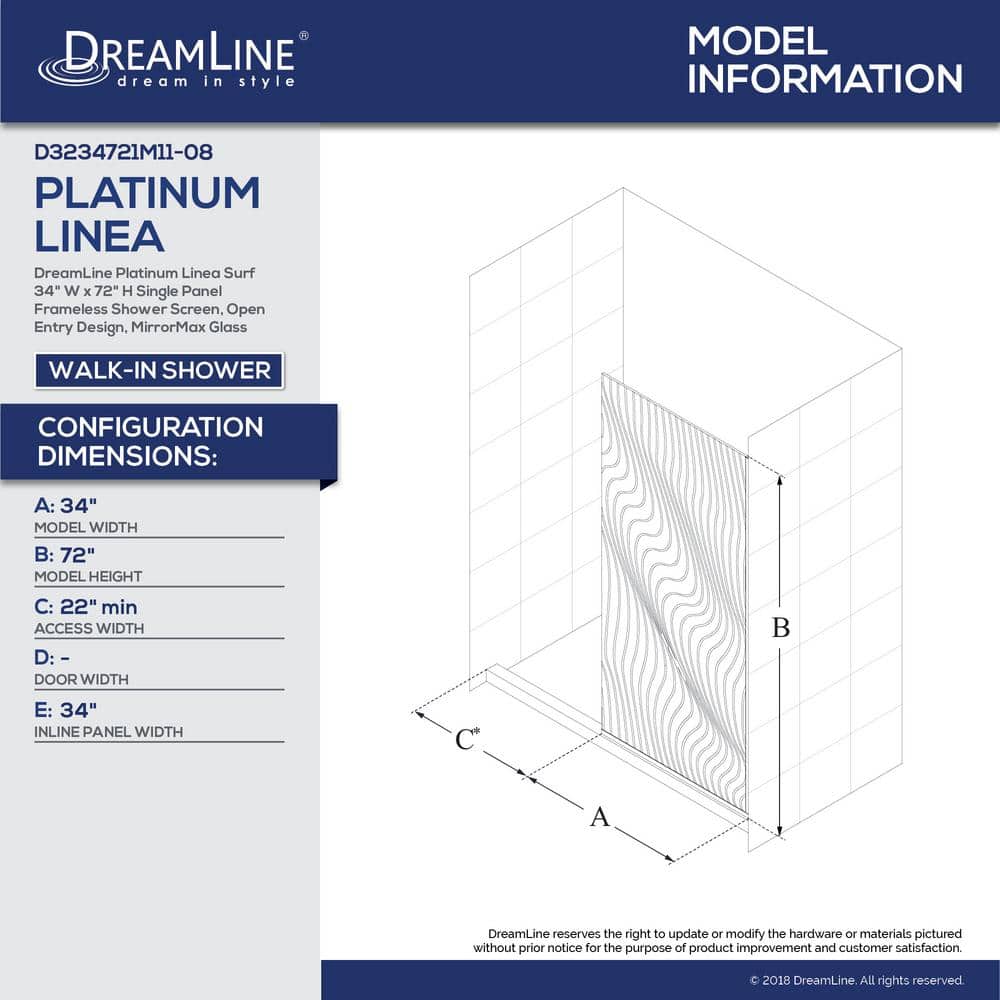 Platinum Linea 34" Frameless ClearMax Glass Shower Screen