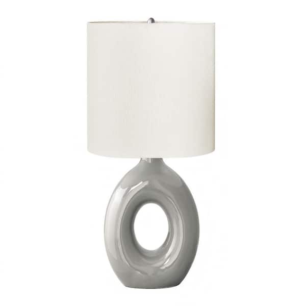 24 in. Gray Ceramic Table Lamp with Donut-Shaped Base and Oval Ivory Fabric Shade for Living Room, Bedroom and Office