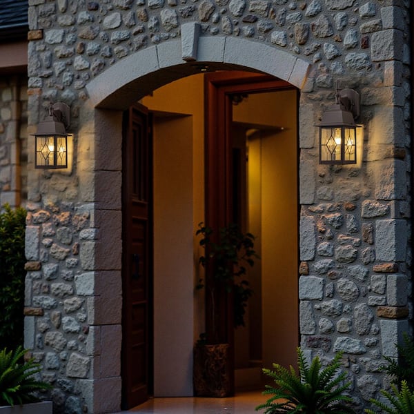 14 in. Oil-rubbed Bronze Aluminum Dusk to Dawn Outdoor Hardwired Wall Lantern Sconce with Tempered Seeded Glass (2-Pack)