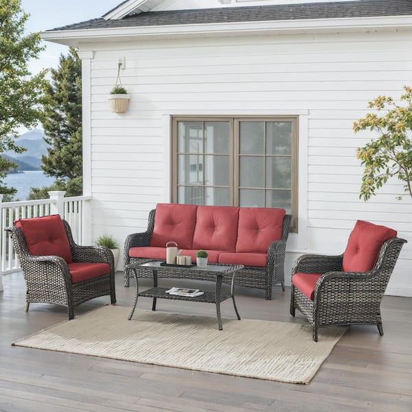 4-Piece Gray Wicker Patio Conversation Set with Olefin Red Cushions and Lounge Chairs/Sofa
