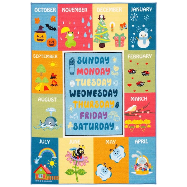 Kids Playhouse Blue/Green 8 ft. x 10 ft. Machine Washable Border Novelty Area Rug