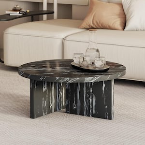 31.4 in. Diameter Black MDF Round Coffee Table with Texture for Living Room