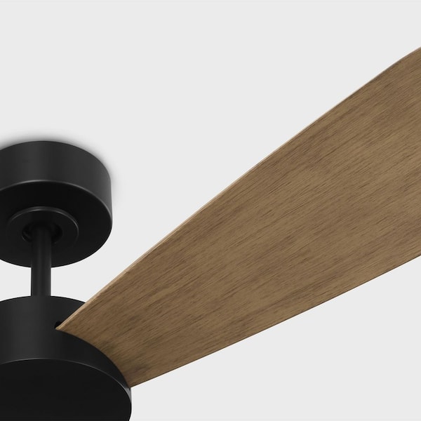 Generation Lighting - Paddle Smart 52 in. Indoor/Outdoor Midnight Black Downrod Mount Standard Ceiling Fan with Remote Included and Oak Blades