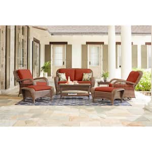 Beacon Park Brown Wicker Outdoor Patio Loveseat with CushionGuard Quarry Red Cushions