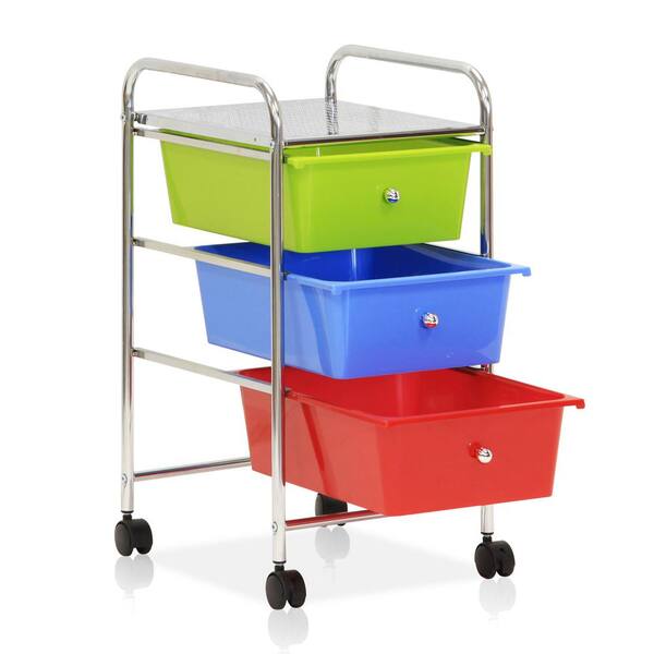 Furinno 3 Tier Chrome Trolley with Plastic Storage Drawers 