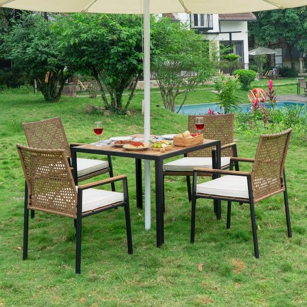 Tenleaf All Weather 5-Piece Wicker Outdoor Dining Set Patio Conversation Set with White Cushions and 2.44 in. Umbrella Hole