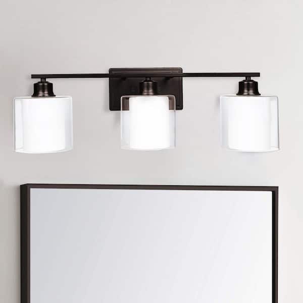 25 in. 3-Light Oil Rubbed Bronze Wall Bathroom Vanity Light Fixture with White Opal Glass Shades