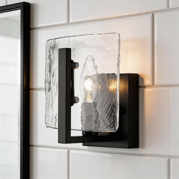 6 in. 1-Light Black Wall Sconce with Hammered Water Glass, Modern Bedroom Wall Light Vanity Light, 2 Pack