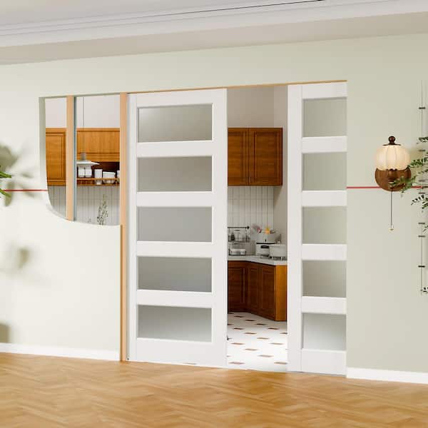 60 in. x 80 in. 5-Lite Frosted Glass Solid Core, DIY Painted, White Primed, MDF Composite Sliding Door with All Hardware