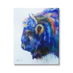 Unique Vibrant Blue Bison Painting Bold Design By MB Cunningham Unframed Animal Art Print 30 in. x 24 in.