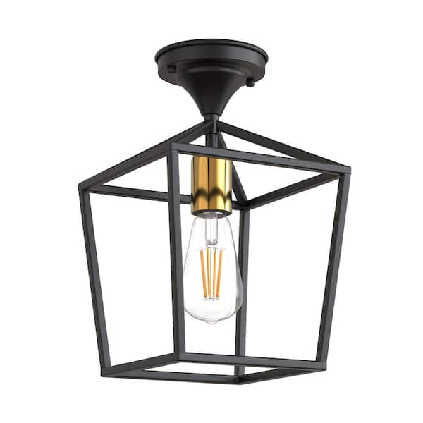 7.28 in. 1-Light Black and Gold Farmhouse Semi Flush Mount Ceiling Light-Retro Cage Fixture with Glass Shade
