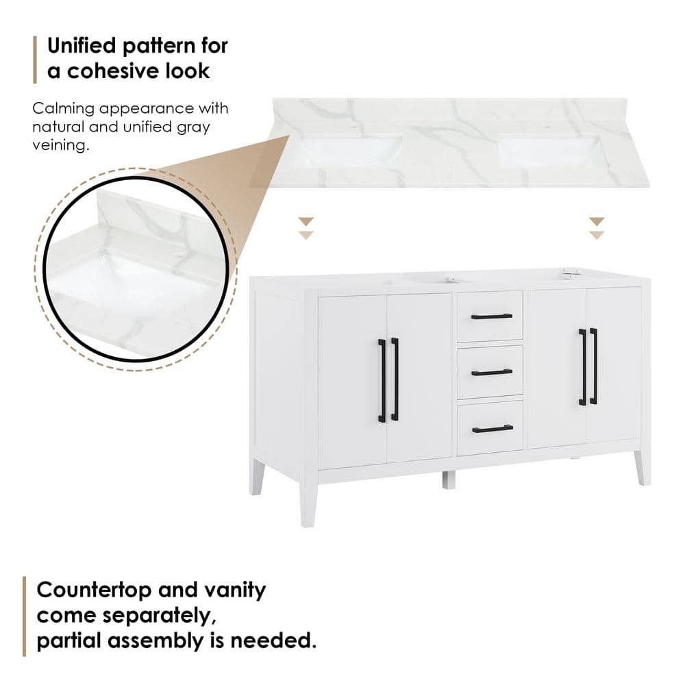 Laurel 60" White Double Vanity with Calacatta Quartz Top