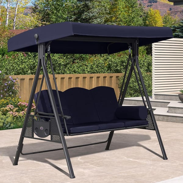 PURPLE LEAF 3-Person All-Weather Steel Frame Porch Swing with Adjustable Tilt Canopy, Cushions and Pillow Included, Navy Blue