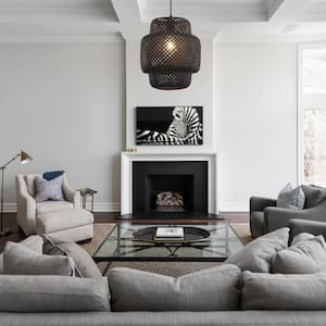 1-Light Black Drum Hanging Pendant Light with Rattan Shaded for Kitchen Island, No Bulbs Included