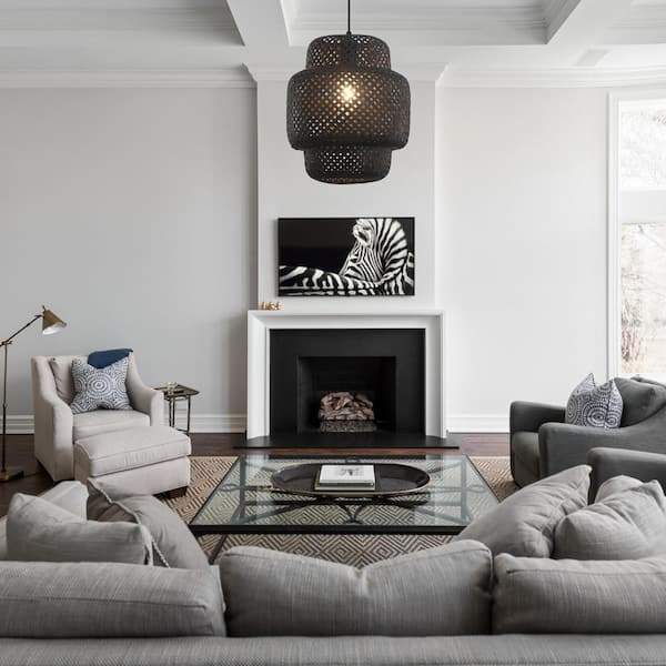1-Light Black Drum Hanging Pendant Light with Rattan Shaded for Kitchen Island