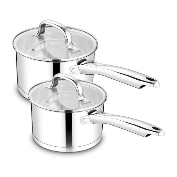 2-Piece Mirror Finish Stainless Steel Saucepan Set with Glass Lid, Tri-Ply Bottom, Induction Compatible