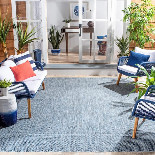 Courtyard Navy/Gray 9 ft. x 9 ft. Solid Color Chevron Indoor/Outdoor Square Area Rug