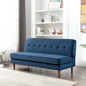 64.5 in. W Linen Armless 3-Seat Tufted Upholstery Mid-Century Modern Sofa in Navy