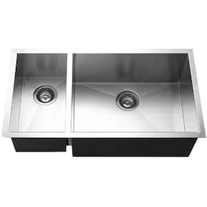 Houzer Contempo 33 in. Stainless Steel Undermount 70/30 Double Left Prep Bowl Kitchen Sink with Strainer - CTO-3370SL