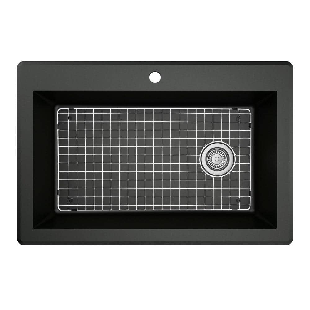 Karran Black Quartz 33'' Single Bowl Drop-In Kitchen Sink with Stainless Steel Faucet