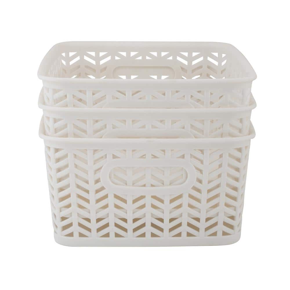 Small White Herringbone Plastic Storage Baskets with Handles, 3-Pack