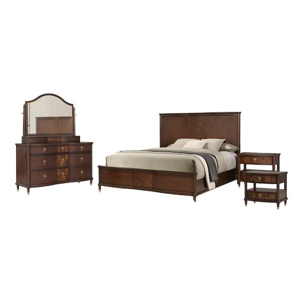 Whitney 5-Piece Traditional Dark Cherry Wood Queen Panel Bedroom Set with Reading LED on Headboard