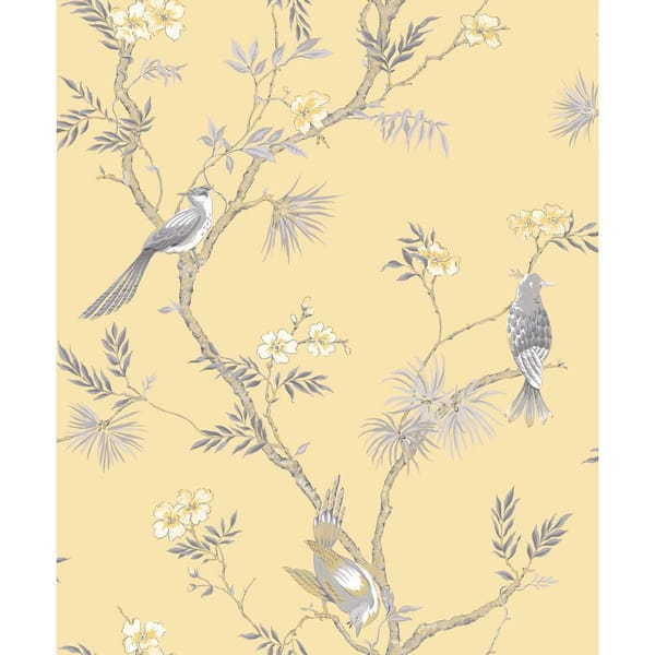 Unbranded Secret Garden Yellow and Grey Garden Bird Trail Non-Woven Paper Non-Pasted Wallpaper Roll (Covers 57.75 sq.ft.)