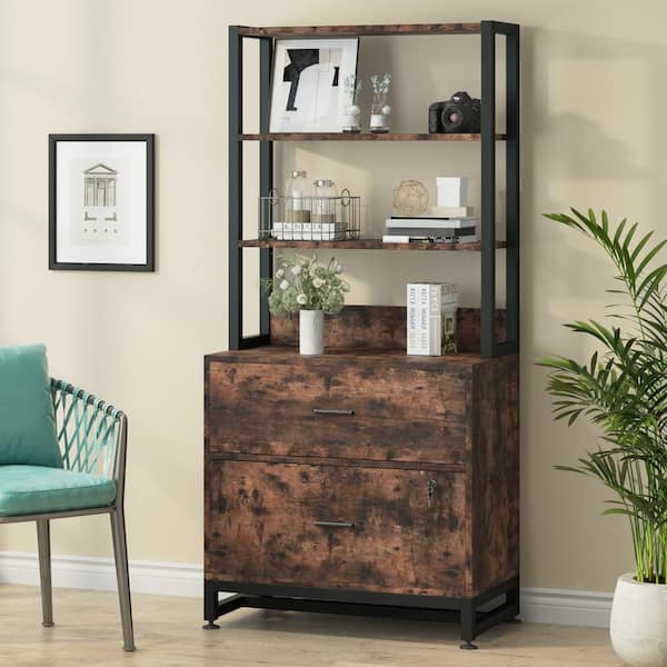 BYBLIGHT Atencio 2-Drawer Brown Wood 29.5 in. W Vertical File Cabinet with Lock and Open Bookshelf