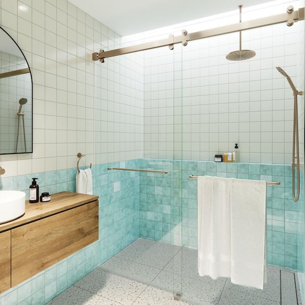 Polaris 60 in. W x 78 in. H Frameless Bypass Shower Door in Brushed Bronze with Clear Glass