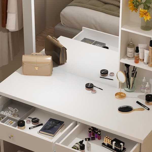 FUFU&GAGA 5-Drawers White Makeup Vanity Sets Dressing Table Sets with LED  Dimmable Mirror, Stool and 3-Tier Storage Shelves KF210141-01 - The Home  Depot