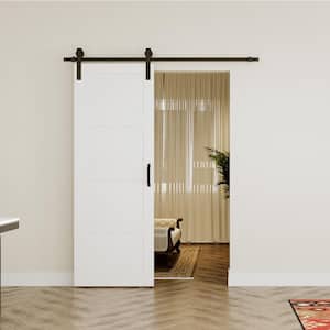 30 in. x 84 in. White, MDF, 4-Panel Paneled Wood Wave, Water-Proof PVC Surface Sliding Barn Door with Hardware Kit