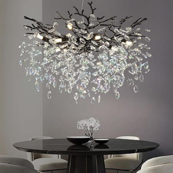 PUYRNF 30 in. 10-Light Black Tree Branch Chandelier, K9 Crystal