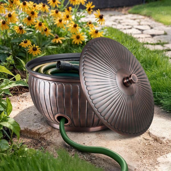 Arch Embossed Metal Garden Hose Holder Pot with Lid, Antique Copper