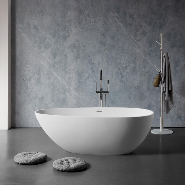 VANITYFUS 67 in. Stone Resin Flatbottom Solid Surface Freestanding Soaking Bathtub in White with Brass Drain