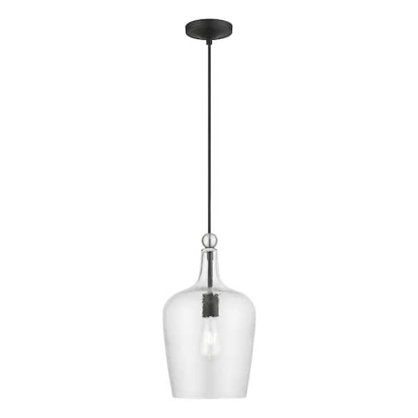 AVIANCE LIGHTING Brenford 1-Light Black Single Pendant with Brushed Nickel Accent and Clear Water Glass Shade