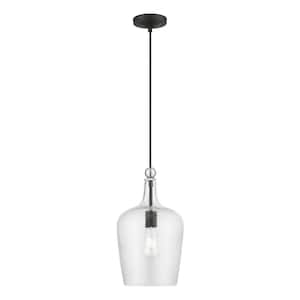 Avery 1-Light Black Single Pendant with Brushed Nickel Accent and Clear Water Glass Shade