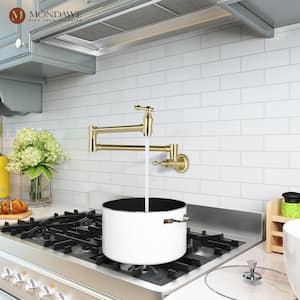 Retro Style Wall Mounted Pot Filler with Double Handles in Brushed Gold