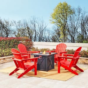 5-Piece 50000-BTU Tiles Top Aluminum Propane Patio Fire Pit and HDPE Folding Adirondack Chairs Set