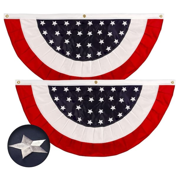1.5 ft. x 3 ft. Embroidered USA Star Center Pleated Fan Flag Patriotic Banner with Canvas Header Brass Grommets (2-Pack)