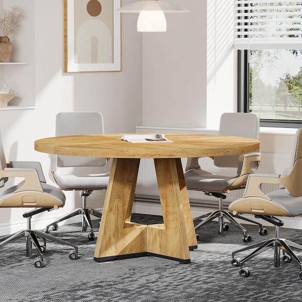 BYBLIGHT Moronia 47.25 in. Round Conference Table for 4 People, Small Light Brown Business Meeting Table Desk for Office