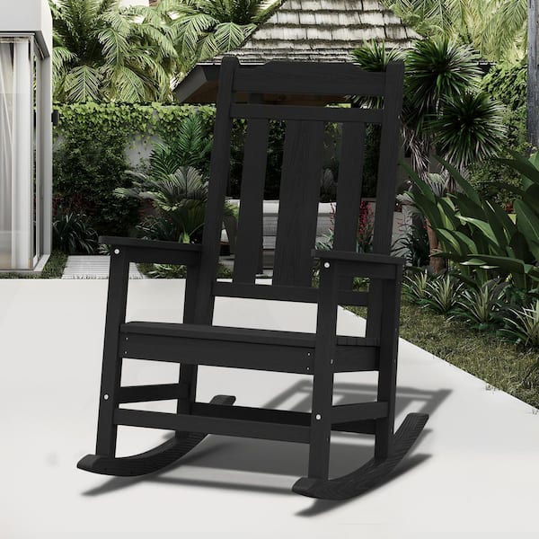 JEAREY Black HDPE Plastic Adirondack Chair Outdoor Rocking Chair for Patio and Garden (1-Pack)