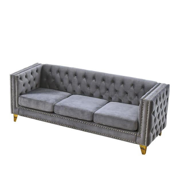 Velvet Collection 80.5 in. Square Arm Button Tufted Velvet Sofa with Nailhead Trim and Metal Legs in Gray