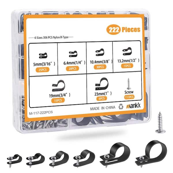 222-Piece R-Type Nylon Plastic Cable Clips Assortment Kit Wire Mounting Clamps with Screws 6-Sizes for Management