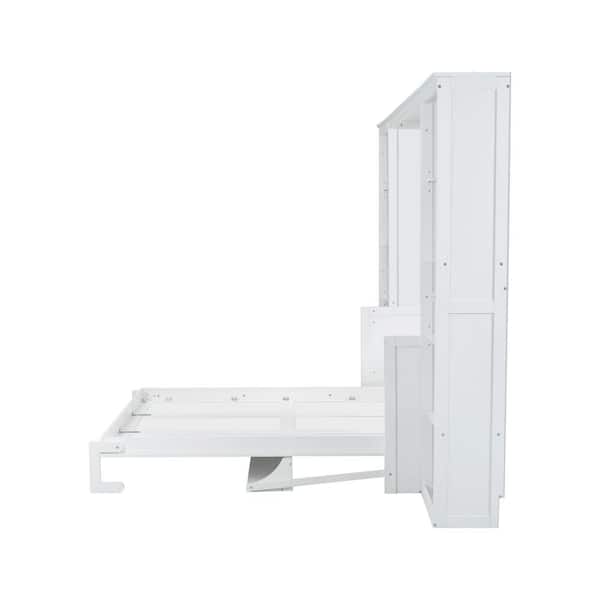 White Wood Frame Queen Size Murphy Bed Wall Bed with Storage Bookshelves