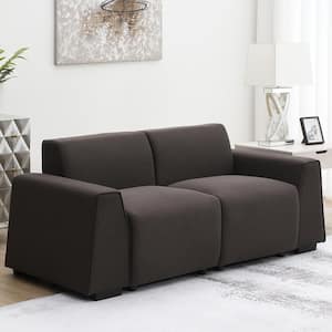 71 in. Square Arm Linen Rectangle Sofa with Wide Armrests in Dark Brown