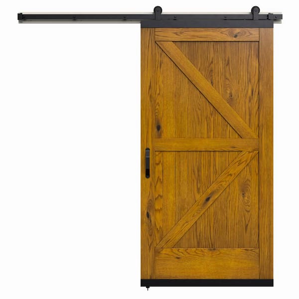 36 in. x 80 in. Karona K Design Khaki Stained Rustic White Oak Wood Sliding Barn Door with Hardware Kit