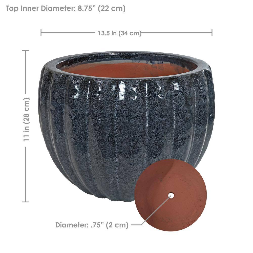 Black Mist Fluted Ceramic Outdoor Planter Pot, 13.5" Diameter